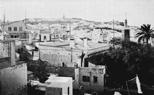 ROOFS OF TANGIER FROM THE BRITISH CONSULATE, SHOWING FLAGSTAFFS OF FOREIGN LEGATIONS.