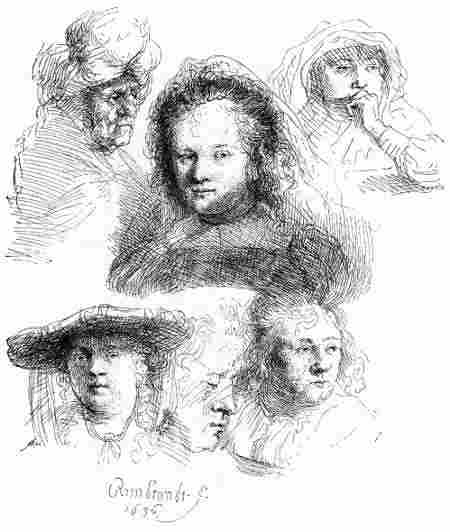 Abb. 73. Sechs Studienköpfe, in der Mitte Rembrandts Frau