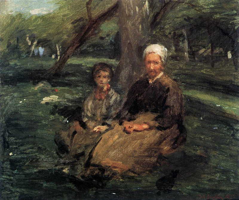 Woman and Child in the Orchard. Adolphe-Felix Cals