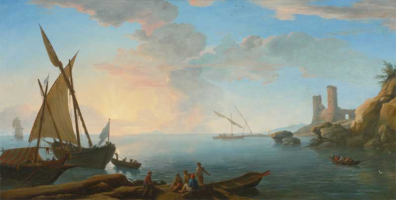 Southern Mediterranean Seascape with Boats and Figures at Sunset. Adrien Manglard
