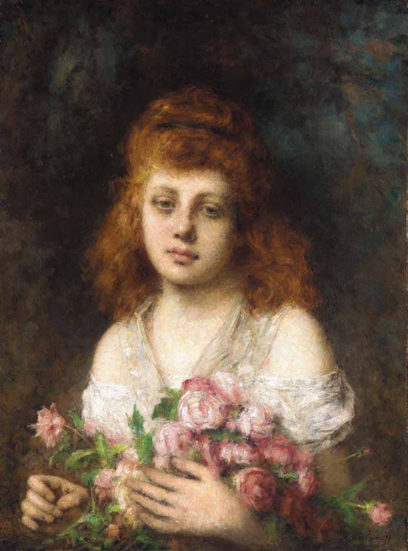 Auburn haired Beauty with Bouquet of Roses. Alexei Alexeivich Harlamoff