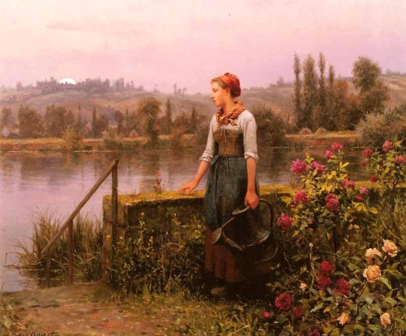 A Woman With A Watering Can By The River, Daniel Ridgway Knight