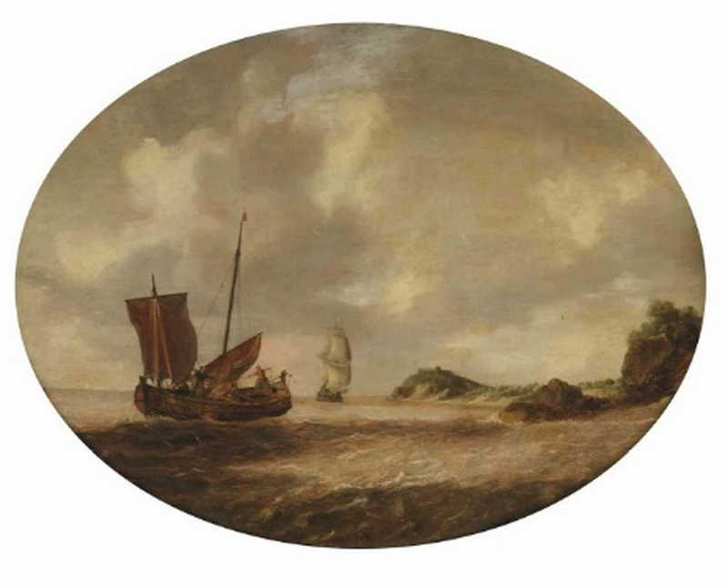 A coastal landscape with a small ship and a man-o'-war on choppy waters  .  Gillis Peeters the Elder