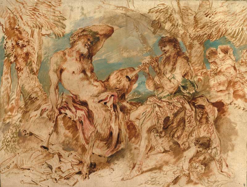 Youth Playing a Pipe for a Satyr . Giovanni Benedetto Castiglione