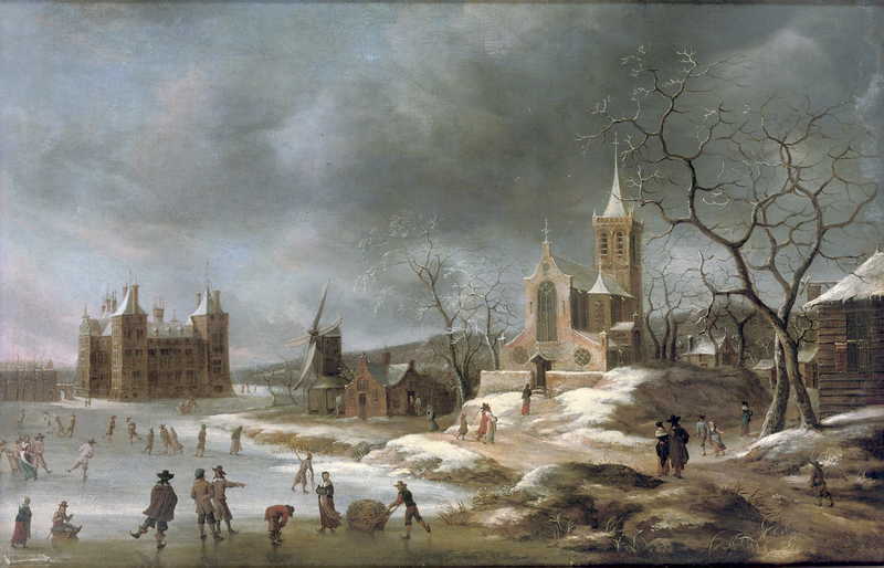 A winter landscape with activities on the ice near Castle Buren. Jan Abrahamsz Beerstraaten