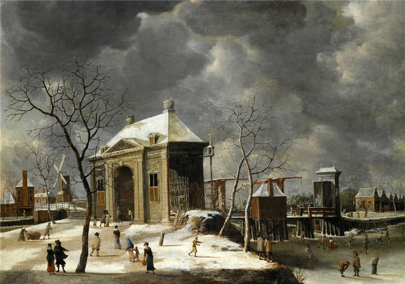 A view of the Heiligewegspoort from the north-west, with skaters. Jan Abrahamsz Beerstraaten