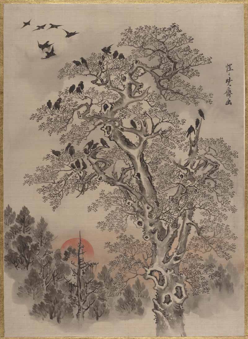 Sparrows in a Large Tree, Kawanabe Kyosai