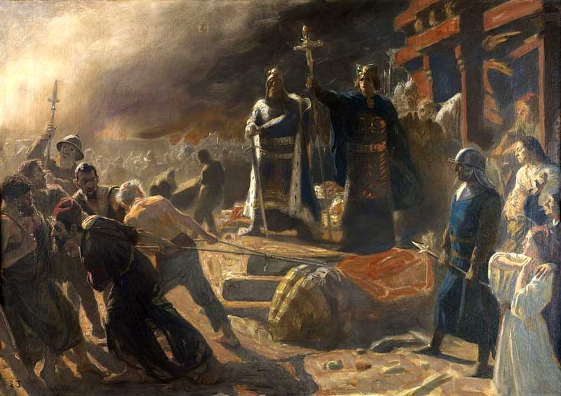 The Taking of Arkona in 1169, King Valdemar and Bishop Absalon . Laurits Tuxen