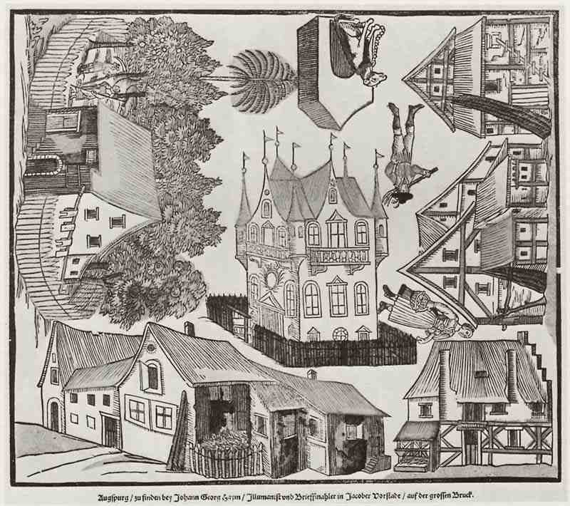 Illustrated broadsheet to cut with houses, a castle and a city figures. Georg Johann Haym