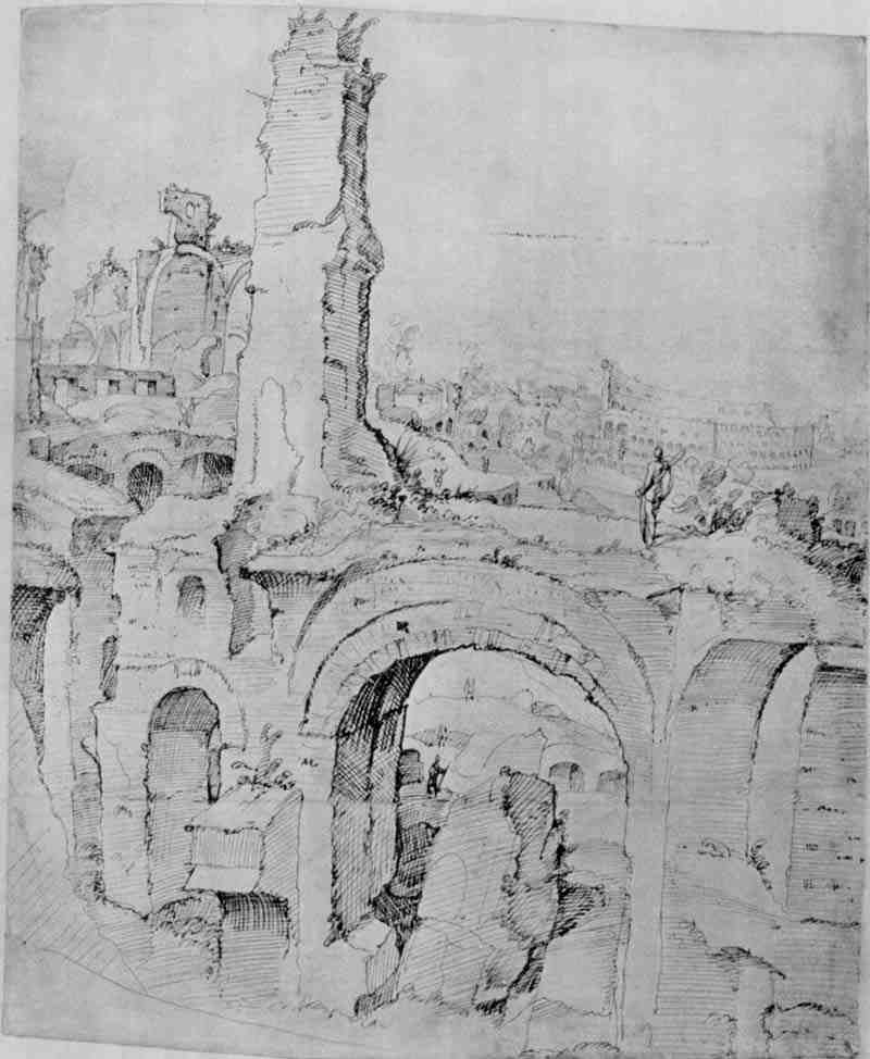 Palatine in Rome, in the background: The Colosseum. Marten van Heemskerck