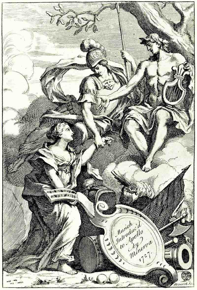 Minerva introduces the god Apollo to the muse of music. William Hogarth