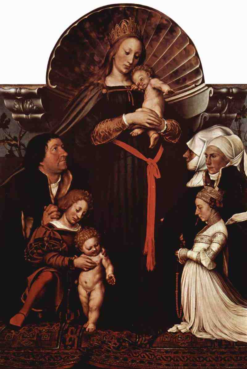 Madonna of the Basel mayor Jakob Meyer (Darmstadt Madonna), with donor portraits. Hans Holbein the Younger