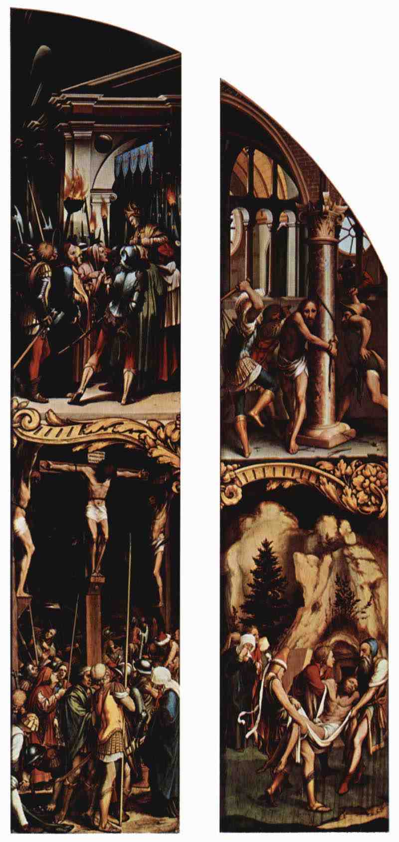 Passion altar, right outer panels Scenes: Burial and Flagellation of Christ, right inner panel, right internal scenes: Crucifixion and Christ before Pilate. Hans Holbein the Younger