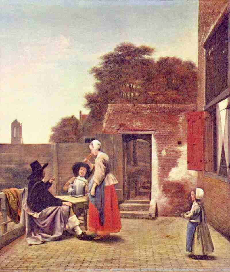 Yard with two officers and drinking woman. Pieter de Hooch