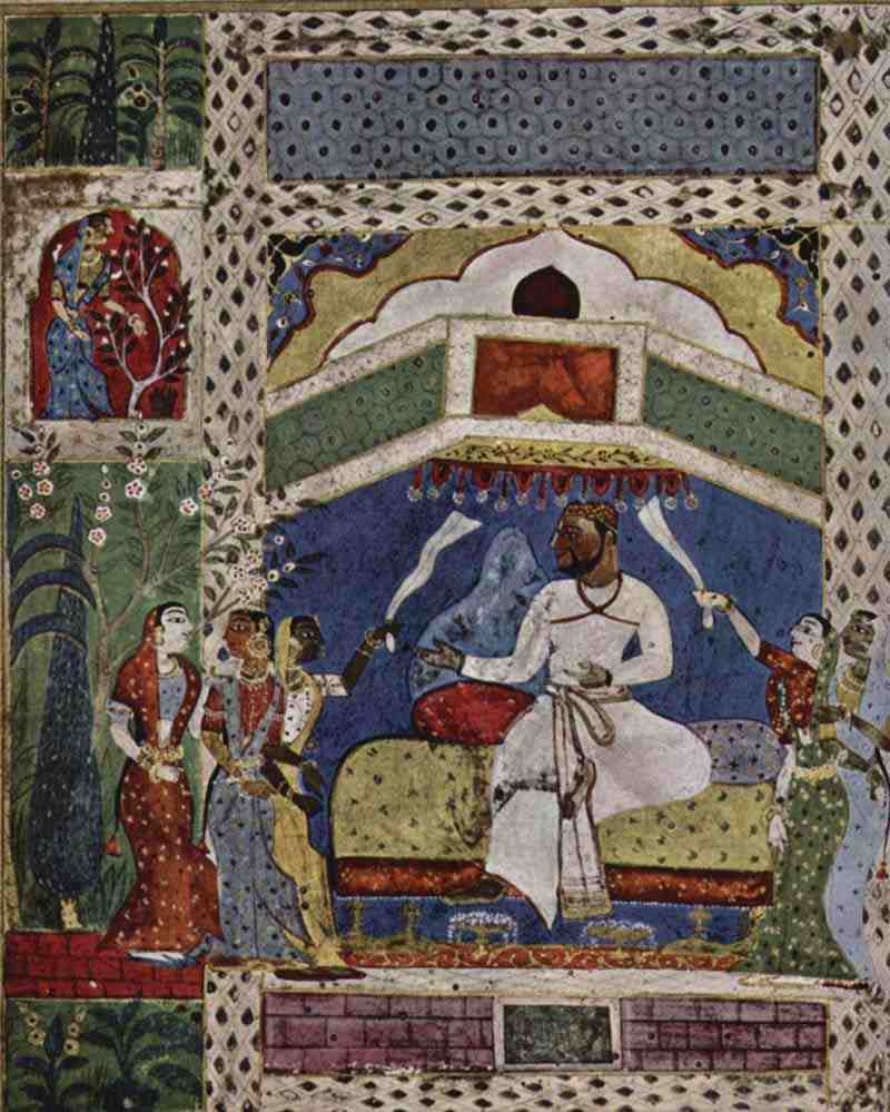 Tariff-i-Husain Shahi Manuscript Scene: A king on his throne, Indian painter around 1565