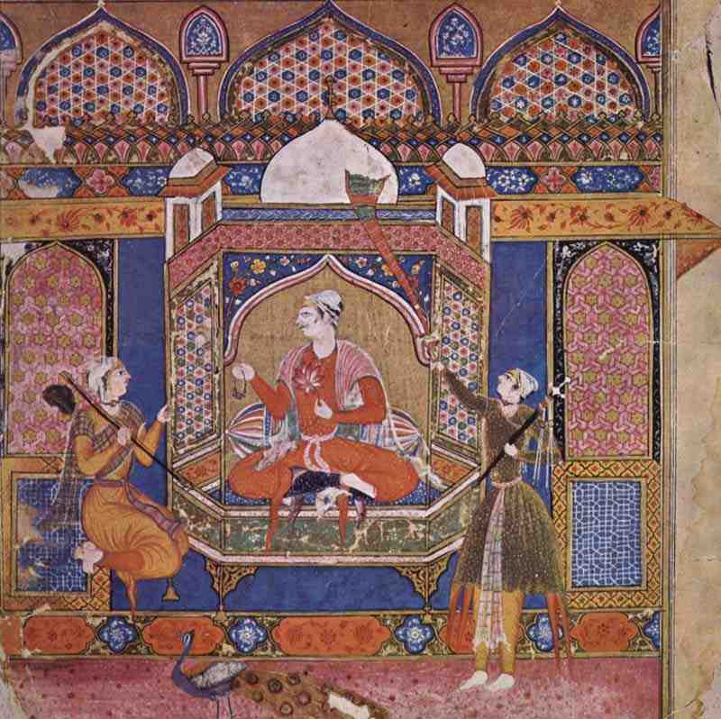 Râgmâlâ illustration, scene: Raga Sri, King of Love, with pages. Indian painter around 1595