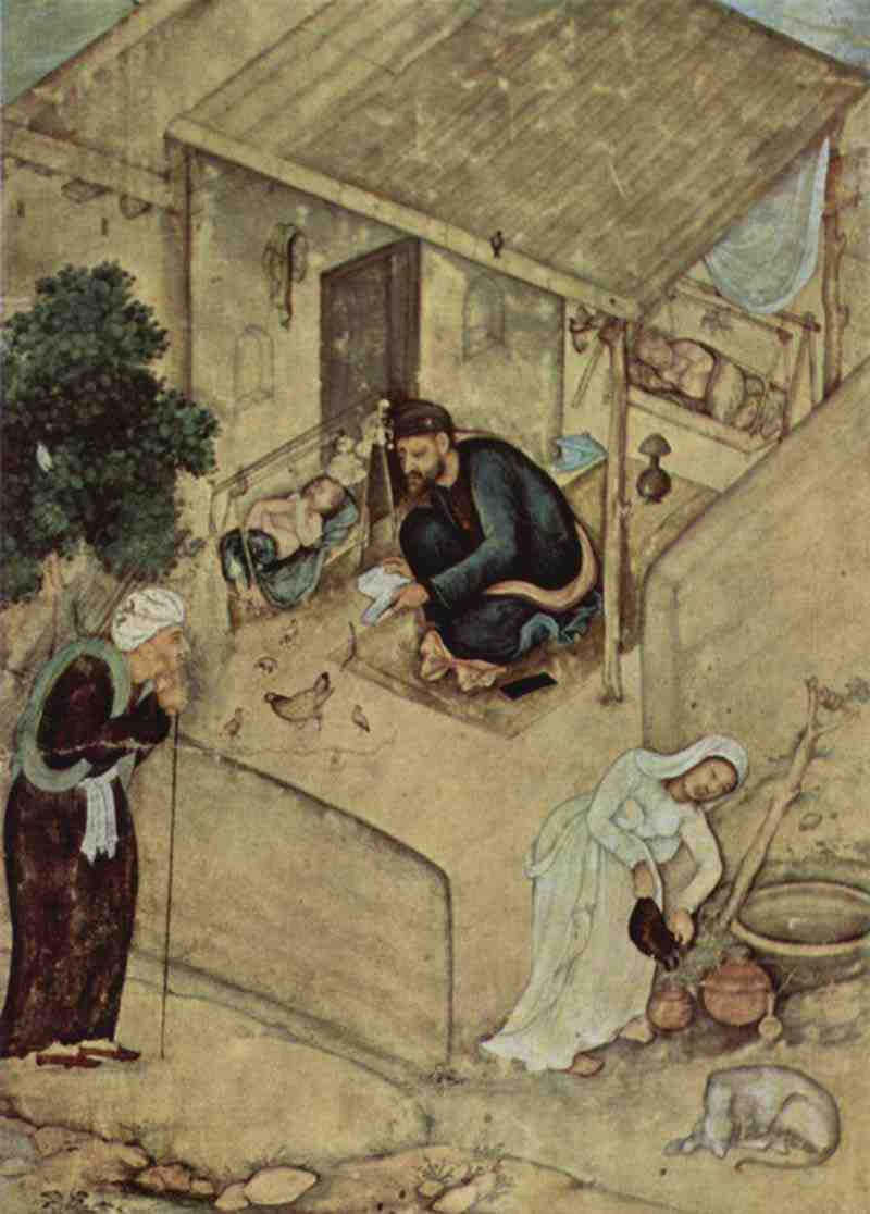 Najat al-Us Jami scene: poet and dervish domestic scene detail. Indian painter from 1603