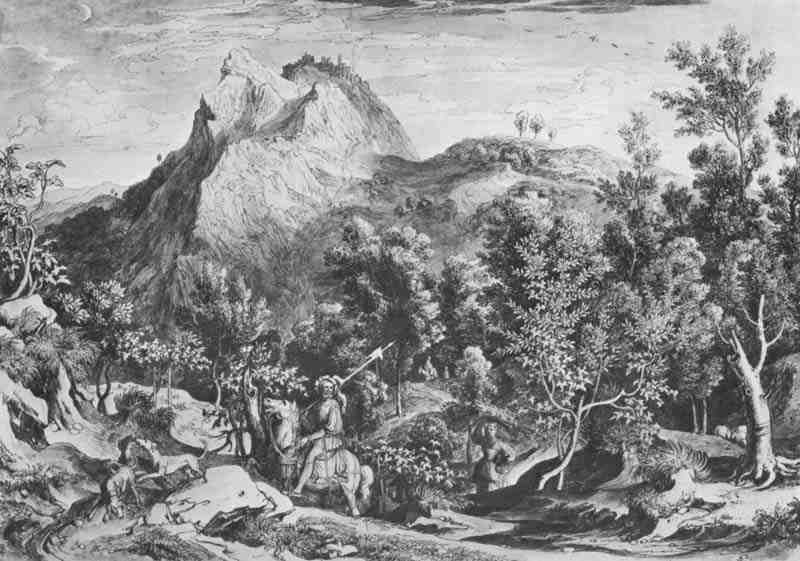 Landscape near Civitella with hunters, Joseph Anton Koch