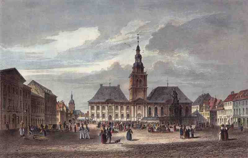 Mannheim, market place with City Hall and St. Sebastian's Church. Joseph Maximilian Kolb