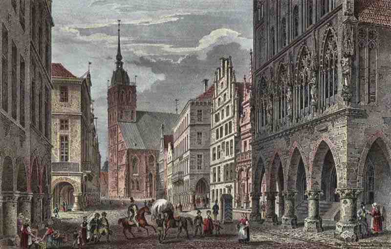 Münster (Westphalia.), Main market, with City Hall and Lamberti Church. Joseph Maximilian Kolb