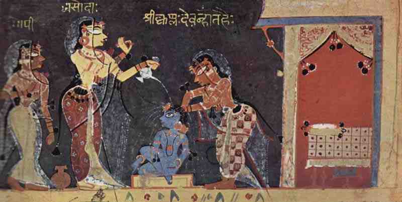 Bhagavata Purana manuscript, Scene: The boy Krishna in the bath. Master of the Bhagavata Purana Manuscript