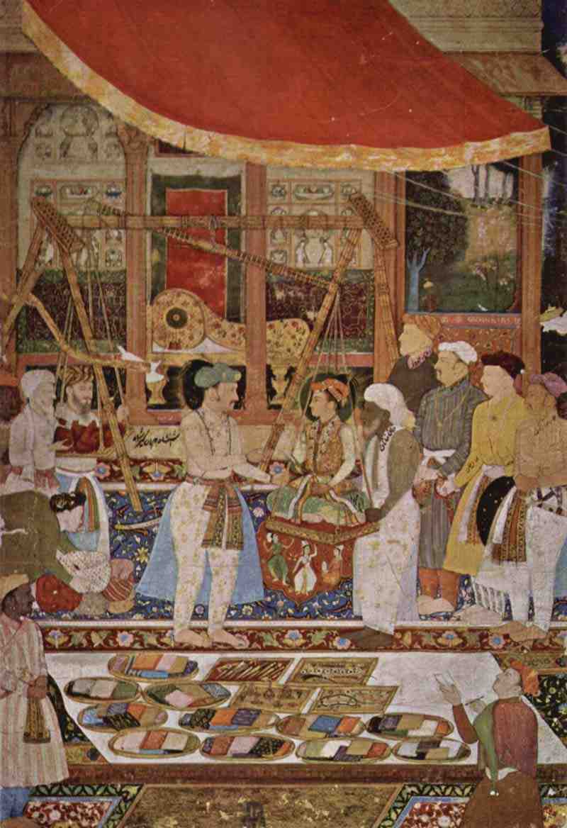 Jahangir's memoirs collection of book illustrations and writing samples, Scene: Prince Khurram Jahangir weighs against gold. Master of Jahangir's memoirs