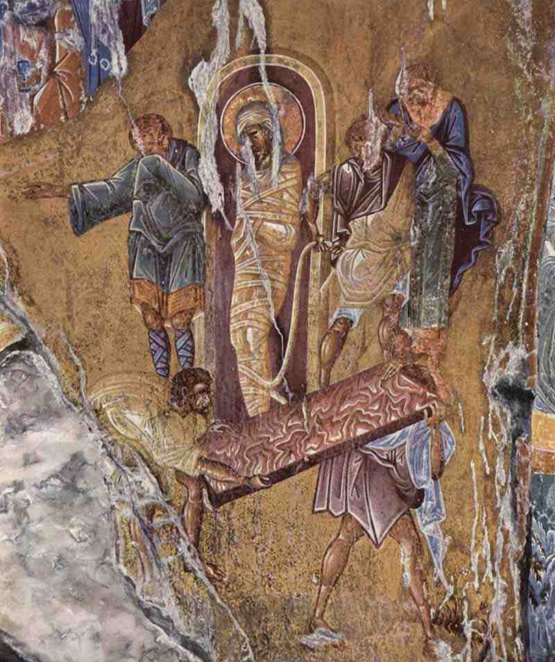 Frescoes in the church Pantanassa in Mistra scene: Raising of Lazarus. Master of Pantanassa church in Mistra