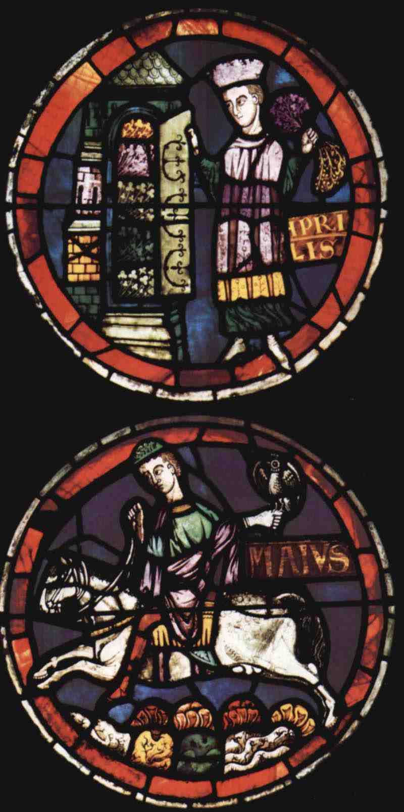 Stained Glass Window: April and May, month representations. Master of the Rose of Lausanne