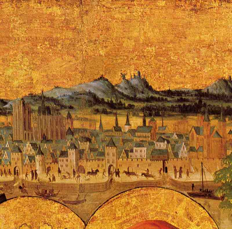 Cologne general view with seven mountain panorama (detail, Cathedral and St. Cunibert). Master of the Glorification of the Virgin