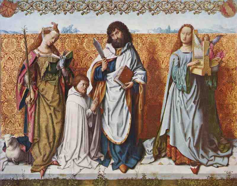 Bartholomew Altar, central panel, scene: St. Bartholomew with the donor between Saints Agnes and Cecilia. Master of the Bartholomew Altar