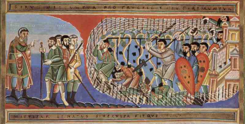 Codex Aureus of Echternach, scene: The winemaker killed. Master of the Codex Aureus of Echternach