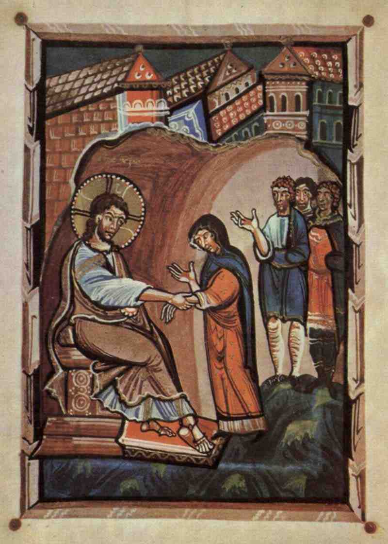 Gospels of the Abbess Hitda of Meschede, scene: Jesus and the mother of Peter. Master of the Hitda-Gospels