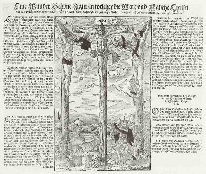 Crucifixion with the pope as the evil thief and the Antichrist. Master I W