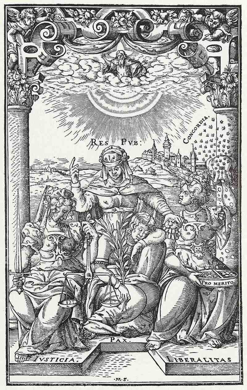 Allegory of good government with Nuremberg in the background. Master M S