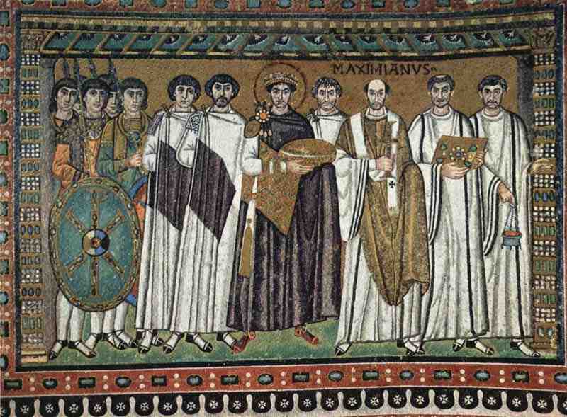 Mosaics in San Vitale in Ravenna Scene: Emperor Justinian and Bishop Maximilianus and his court. Master of San Vitale in Ravenna
