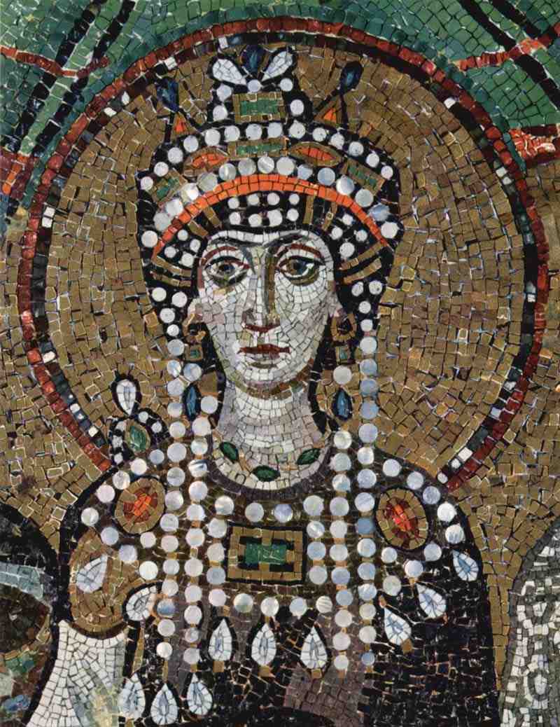 Mosaics in San Vitale in Ravenna, Scene: Empress Theodora and her court, Detail: Bust of Theodora. Master of San Vitale in Ravenna