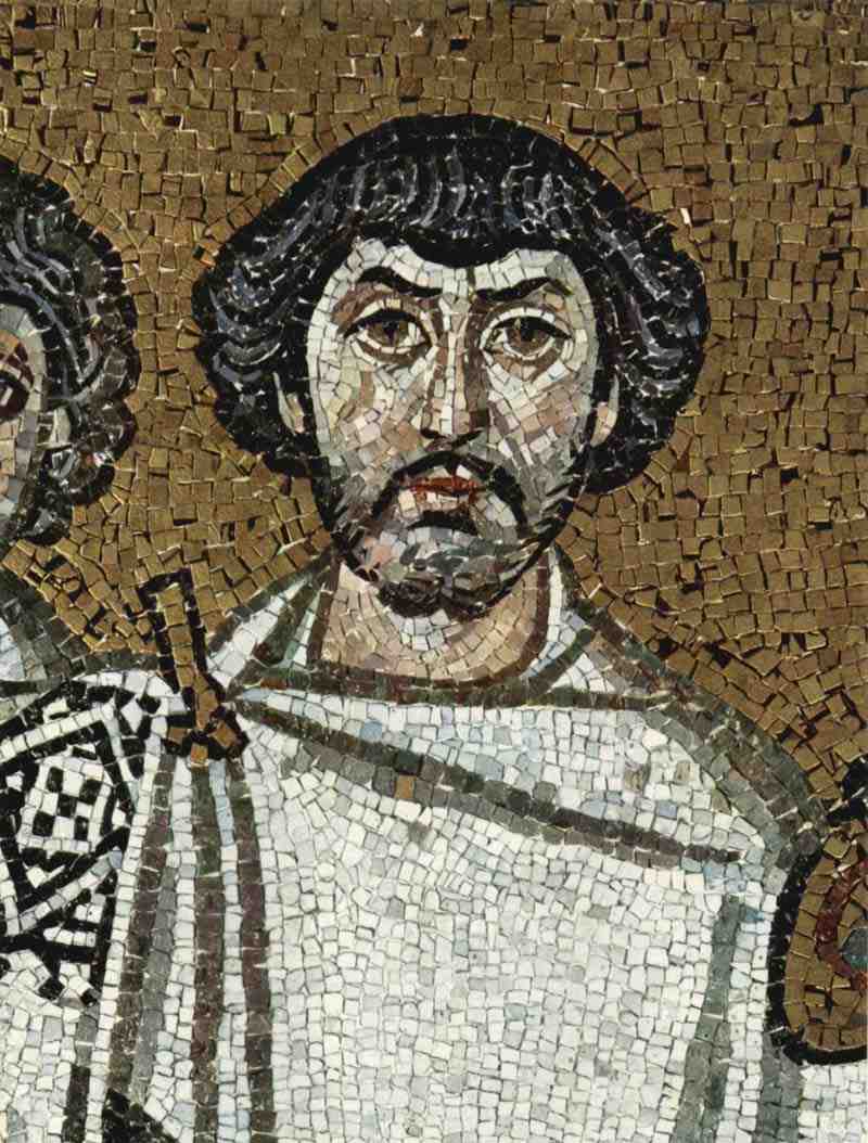 Mosaics Scene: Emperor Justinian and Bishop Maximilian and his court, detail: bust of a dignitary of the imperial retinue. Master of San Vitale in Ravenna