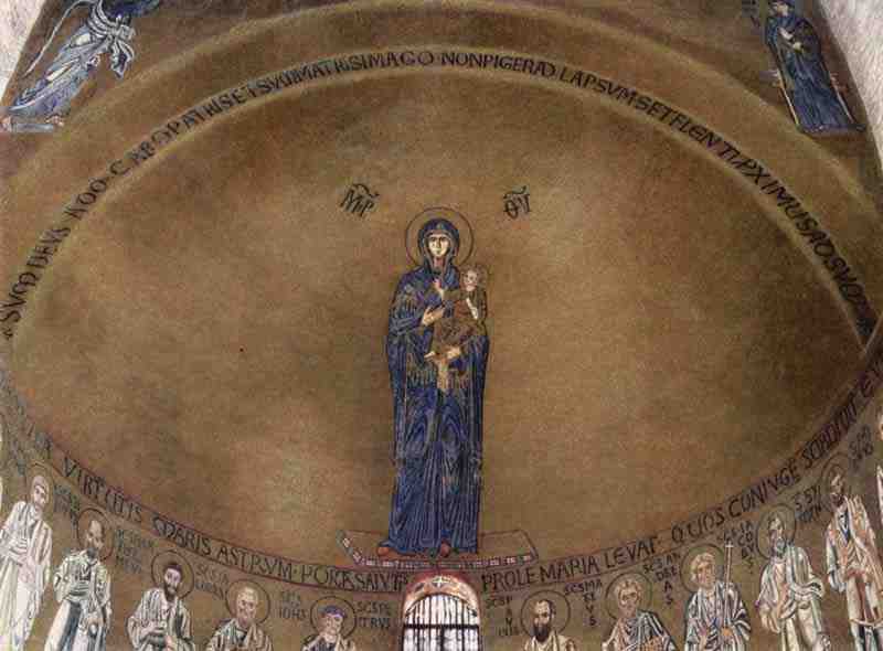 Mosaics of the Basilica of Torcello Scene: Standing Madonna over Apostle representations. Master of Torcello