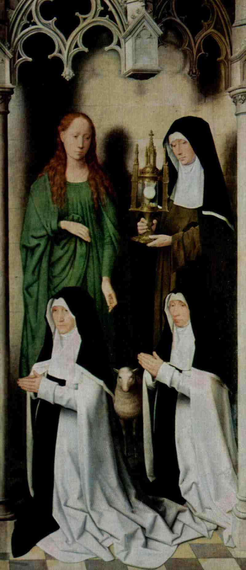Trustees of Agnes Casembrood and Clara van Hulsen, with St. Agnes and St. Clara, Hans Memling