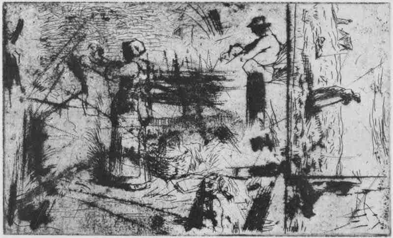 Sheet with three motifs: a woman hanging up laundry, a resting worker and a seated farmer, Jean-François Millet (II)