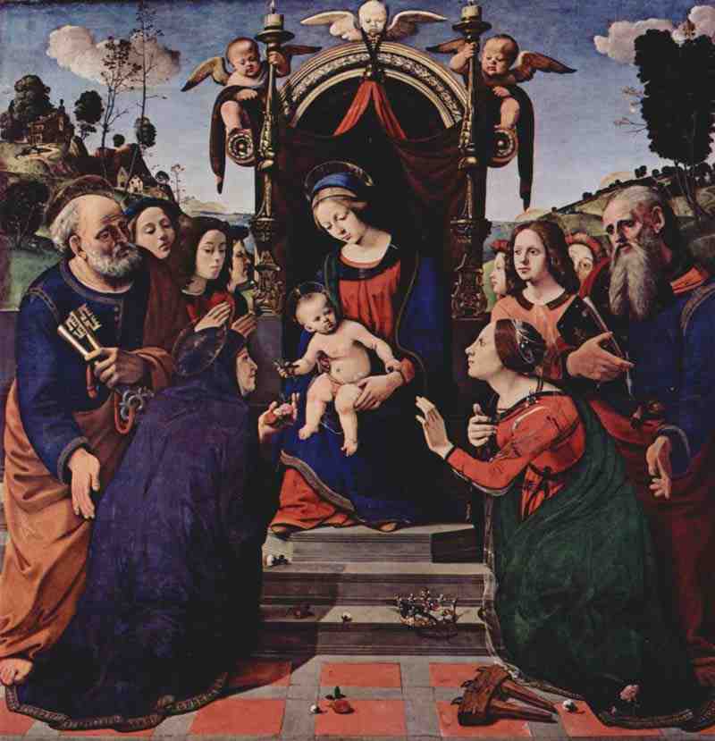 Mystic Marriage of St. Catherine of Alexandria, Scene: Mary with Child, Angels, St Catherine of Alexandria, St. Rose of Viterbo, St. Peter and St. John the Baptist,Piero di Cosimo