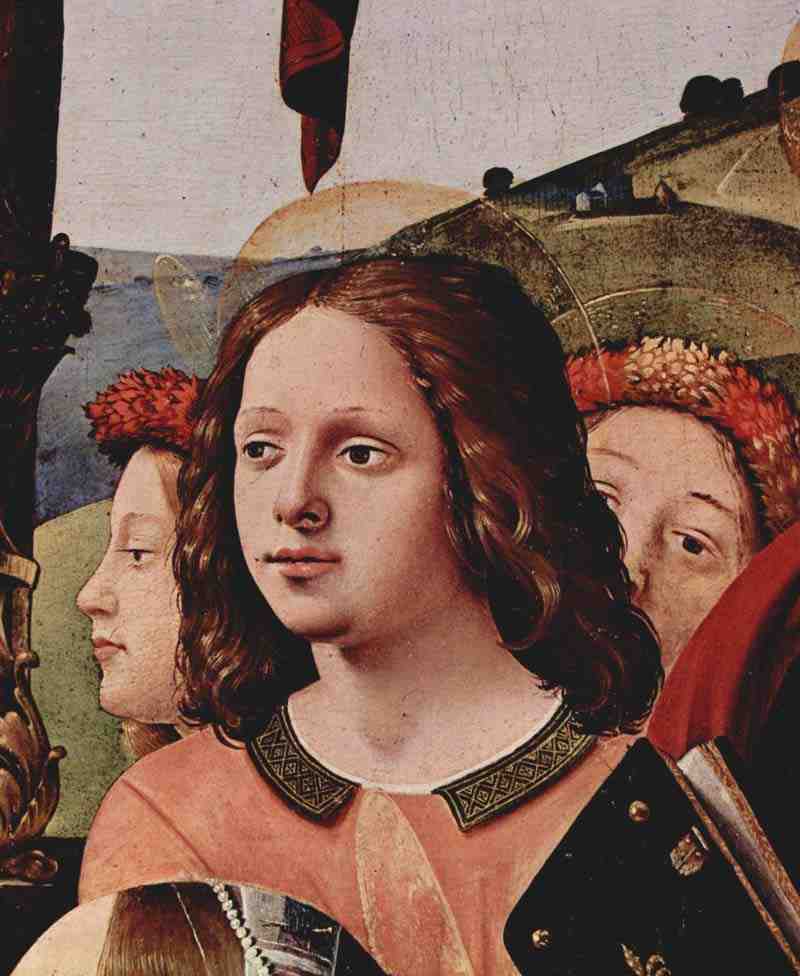 Mystic Marriage of St. Catherine of Alexandria, Scene: Mary with Child, Angels, St Catherine of Alexandria, St. Rose of Viterbo, St. Peter and St. John the Baptist, Detail: AngelPiero di Cosimo