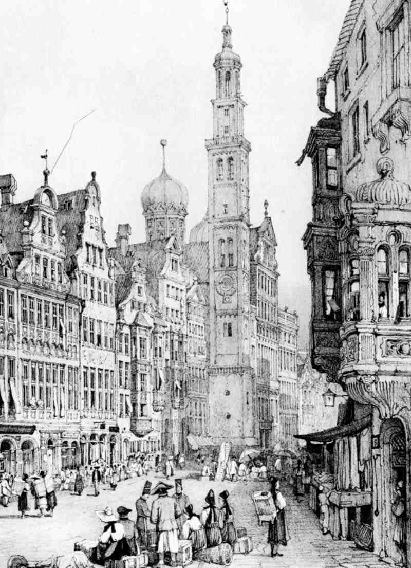 Augsburg, Karolinenstraße with view of City Hall and the Perlachturm. Samuel Prout