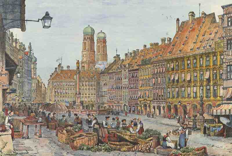 Munich, Marienplatz, with the towers of the Frauenkirche in the background. Samuel Prout