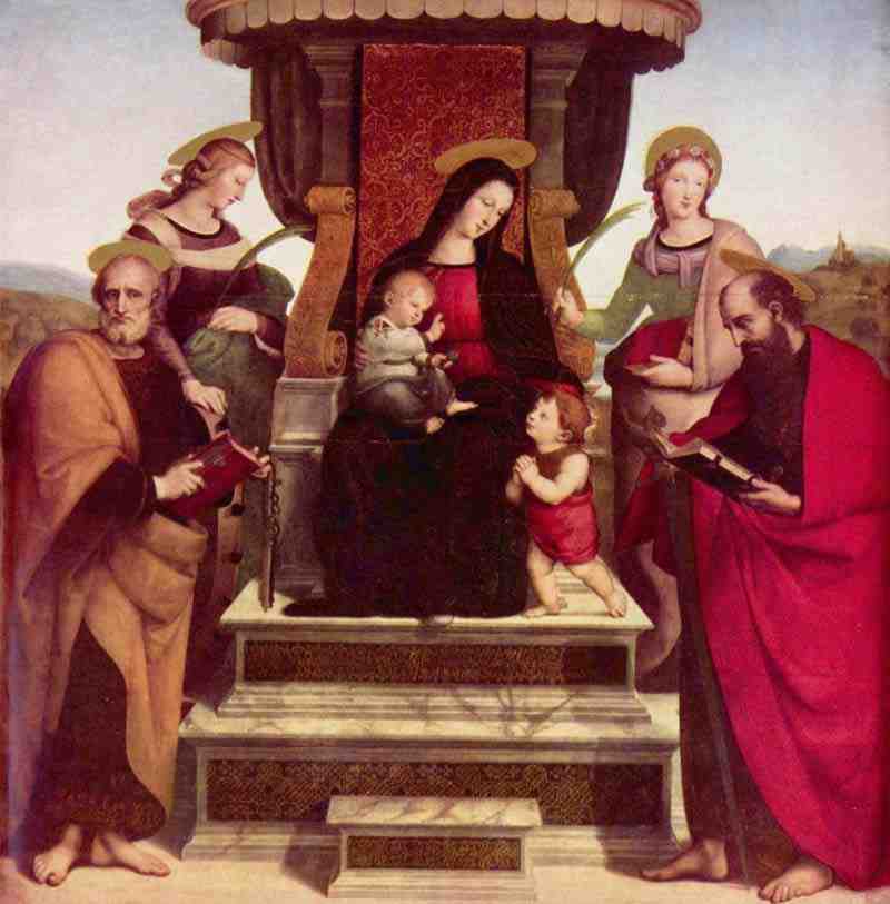 Colonna Altarpiece, main panel, scene: Mary enthroned with Christ Child, John the Baptist as a child, right:. St. Paul and a wraparound balcony on the left: Saint Peter and Saint Catherine of Alexandria,, Raphael