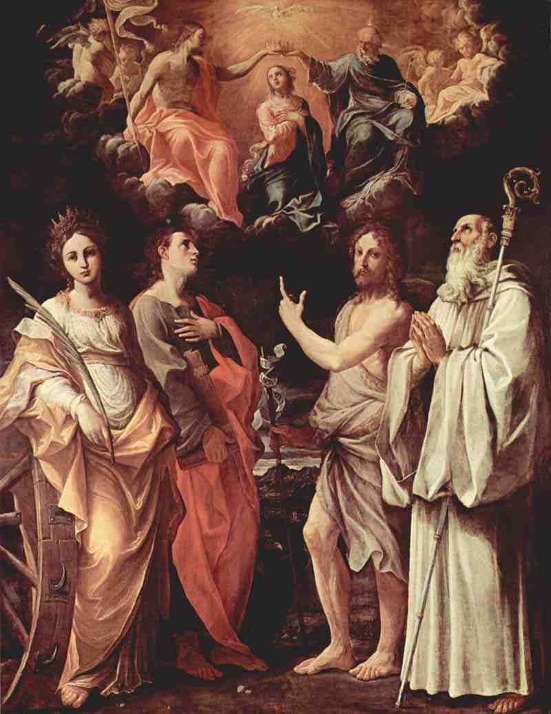 Coronation of the Virgin with St.  Catherine of Alexandria, Saint  Johannes Evangelist, Holy. St. John the Baptist, St.. Romuald of Camaldoli, Guido Reni