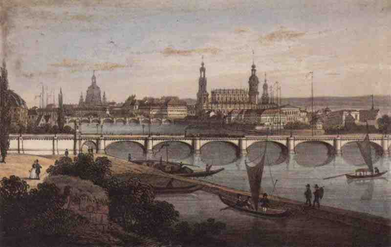 Dresden, general view with the first railway bridge (Marie Bridge). J. Riedel