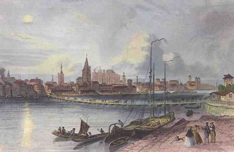 Cologne, general view with temporary bridge over the Rhine. Adolphe Rouargue