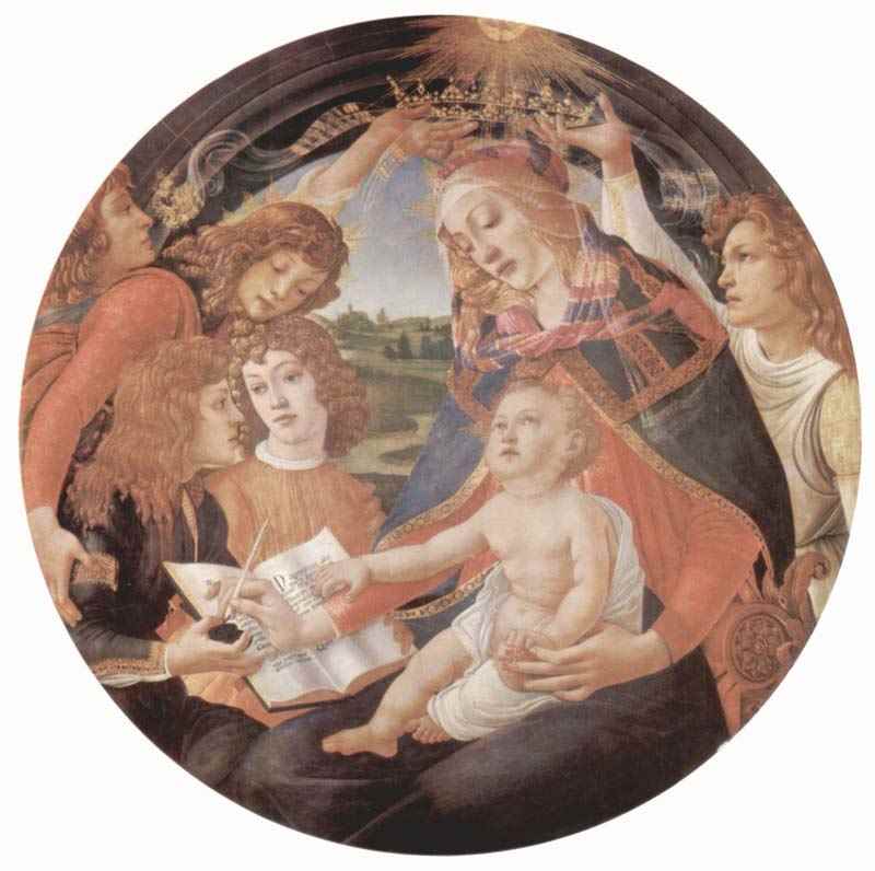 Madonna del Magnificat scene: Mary and Christ child and five angels, Tondo. Sandro Botticelli