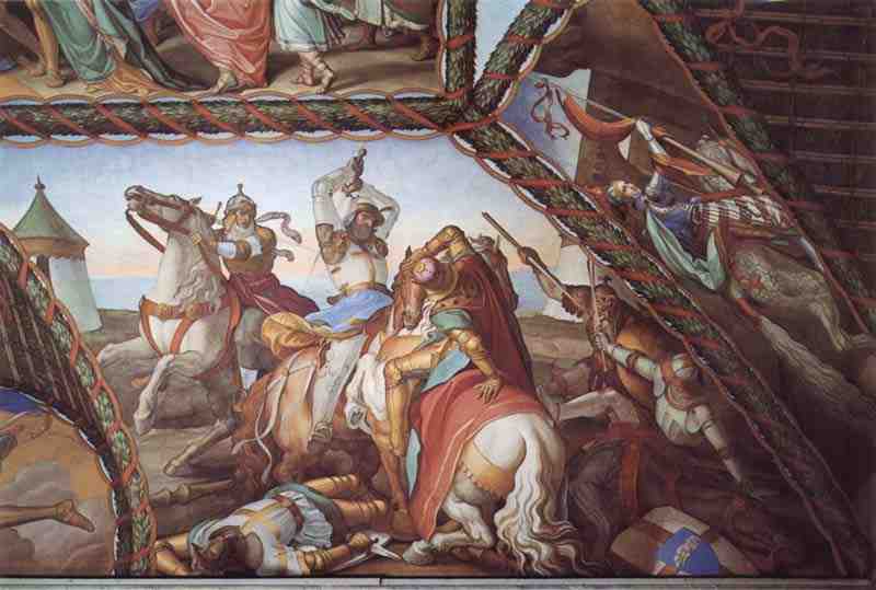 Fresco cycle of Casa Massimo in Rome, Ariosto room, vaulted gusset detail: The Six Fight on the island Lipadusa, Julius Schnorr von Carolsfeld